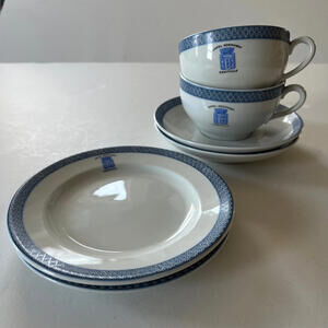 GDA Limoges Vintage Ceramic Set - White w Blue Diamonds, Cups, Saucers, Plates